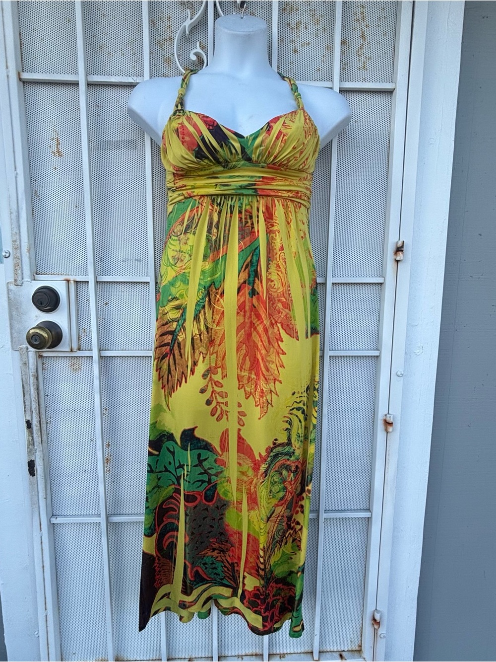 City Triangles Yellow Tropical Halter Maxi Dress